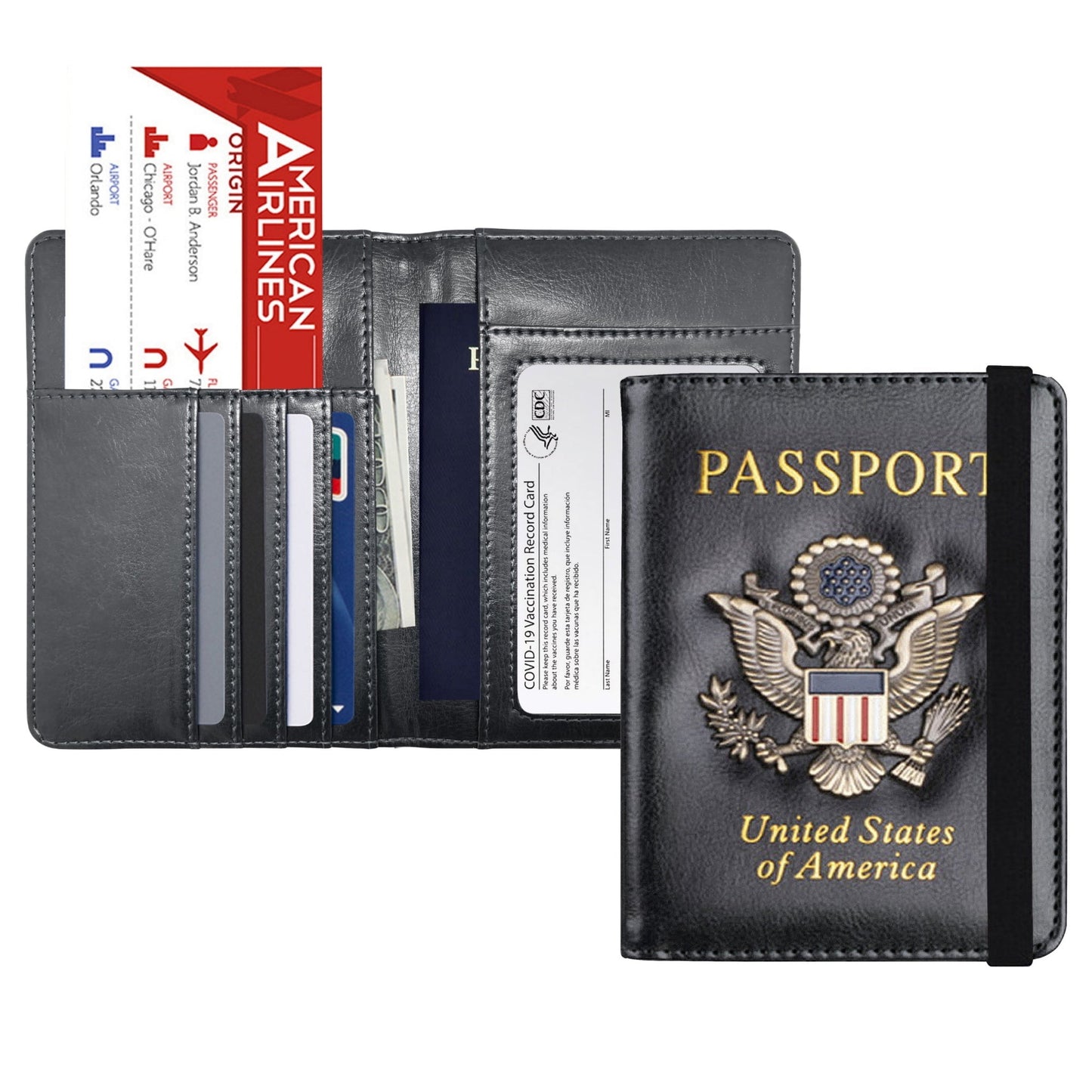 RFID Blocking Leather Passport Wallet With Vaccination Card Slot &