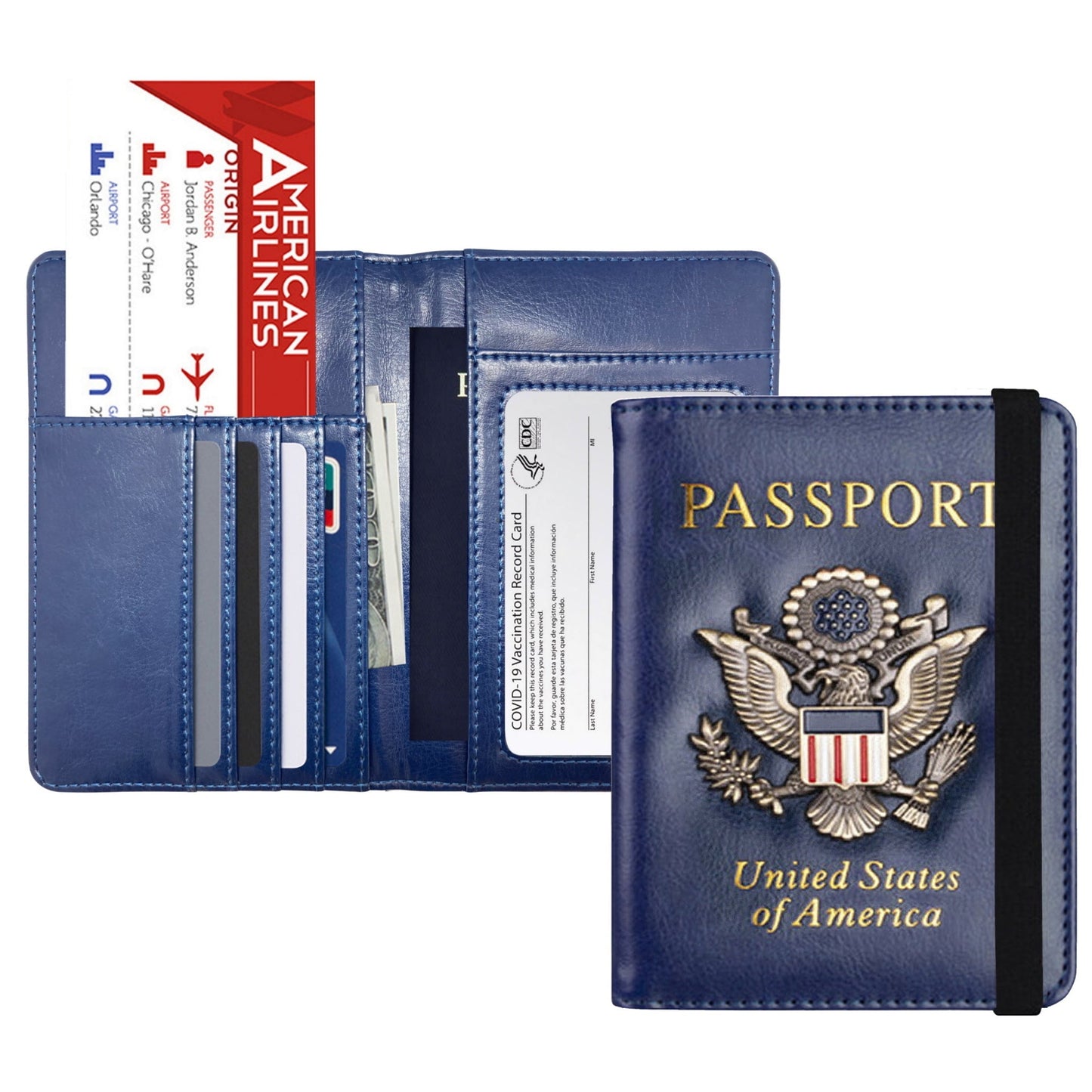 RFID Blocking Leather Passport Wallet With Vaccination Card Slot &