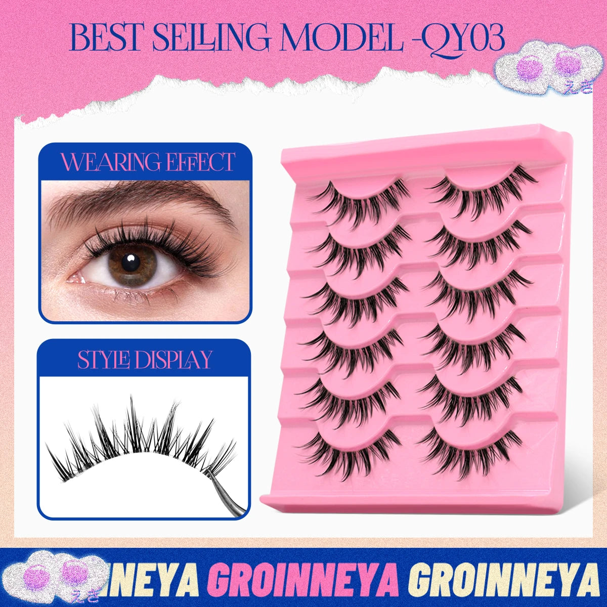 GROINNEYA Cat eye Lashes 5/6 pairs Clear Band Lashes Natural Look 6D