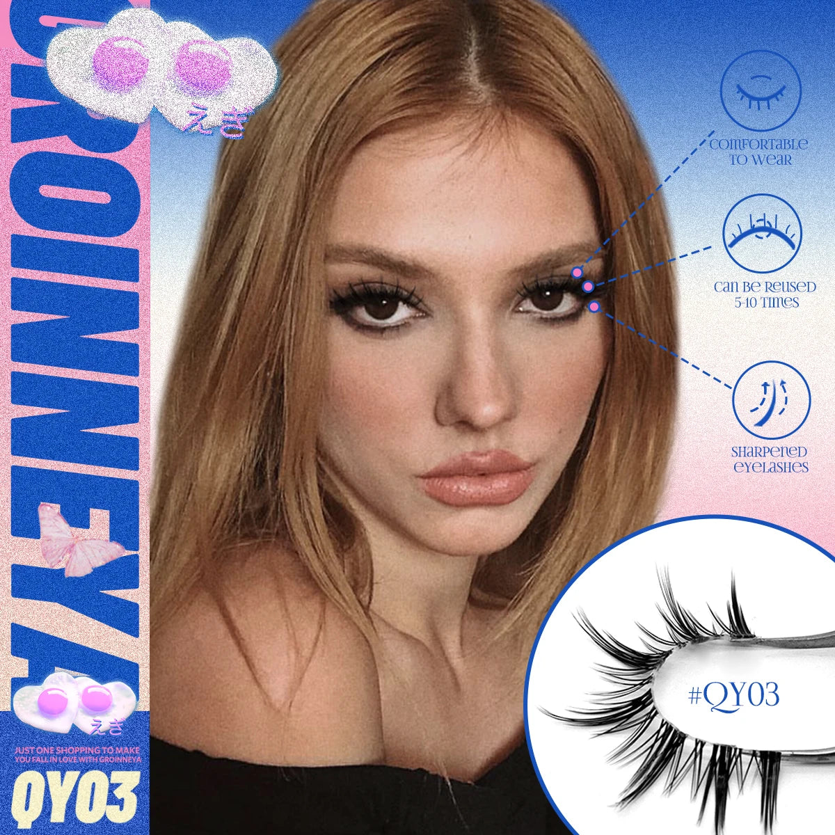 GROINNEYA Cat eye Lashes 5/6 pairs Clear Band Lashes Natural Look 6D