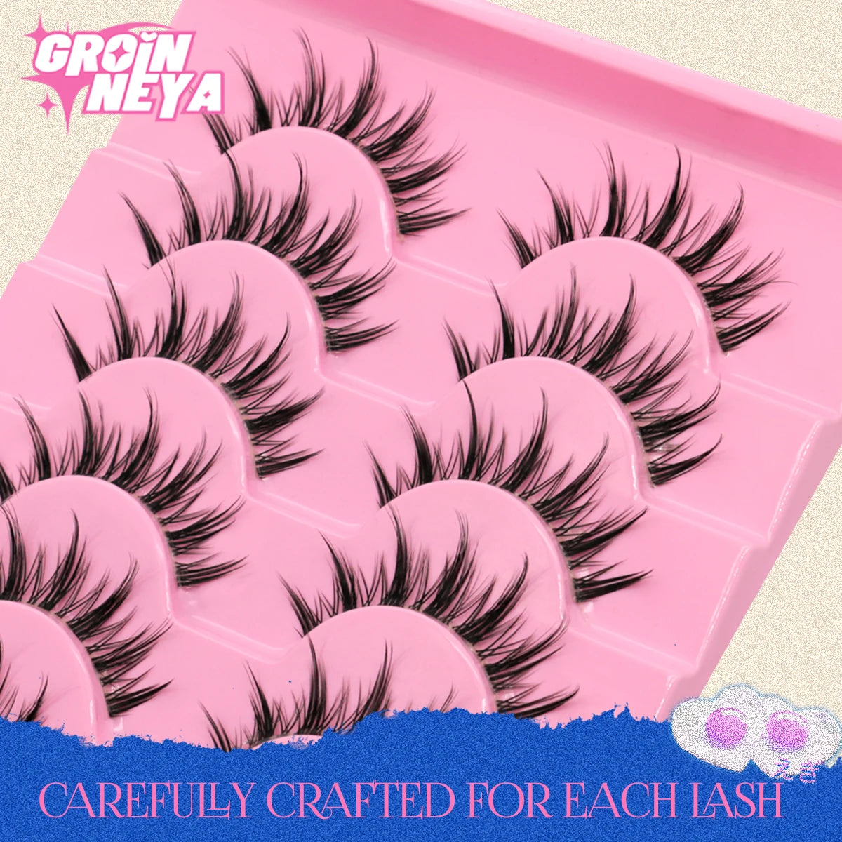GROINNEYA Cat eye Lashes 5/6 pairs Clear Band Lashes Natural Look 6D