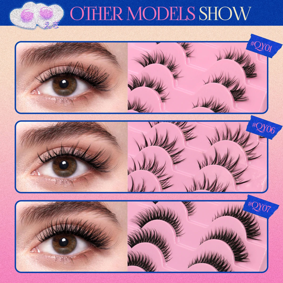 GROINNEYA Cat eye Lashes 5/6 pairs Clear Band Lashes Natural Look 6D