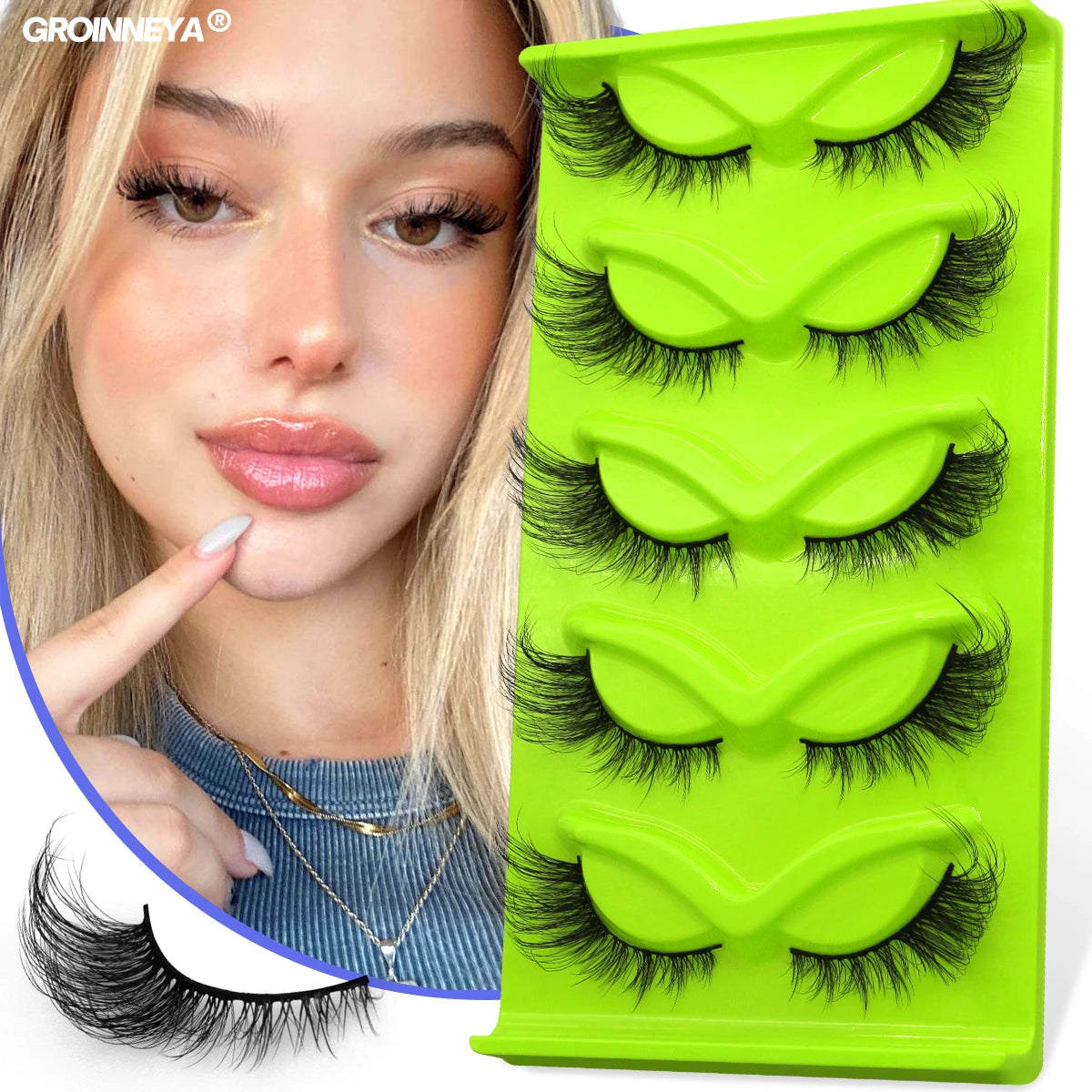 GROINNEYA 5 pairs Cat Eye Eyelashes Natural False Lashes Fluffy Soft