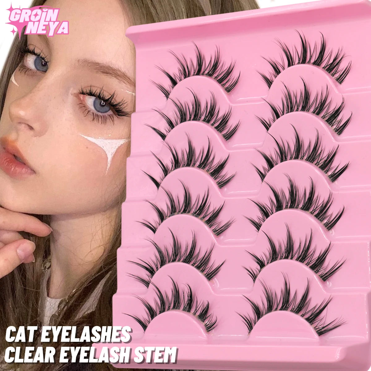 GROINNEYA Cat eye Lashes 5/6 pairs Clear Band Lashes Natural Look 6D
